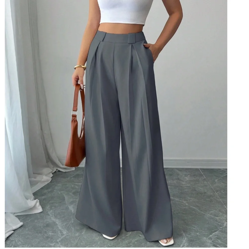 Classic Solid Stretchy Waist Pleated Pockets Wide leg Trouser Pants